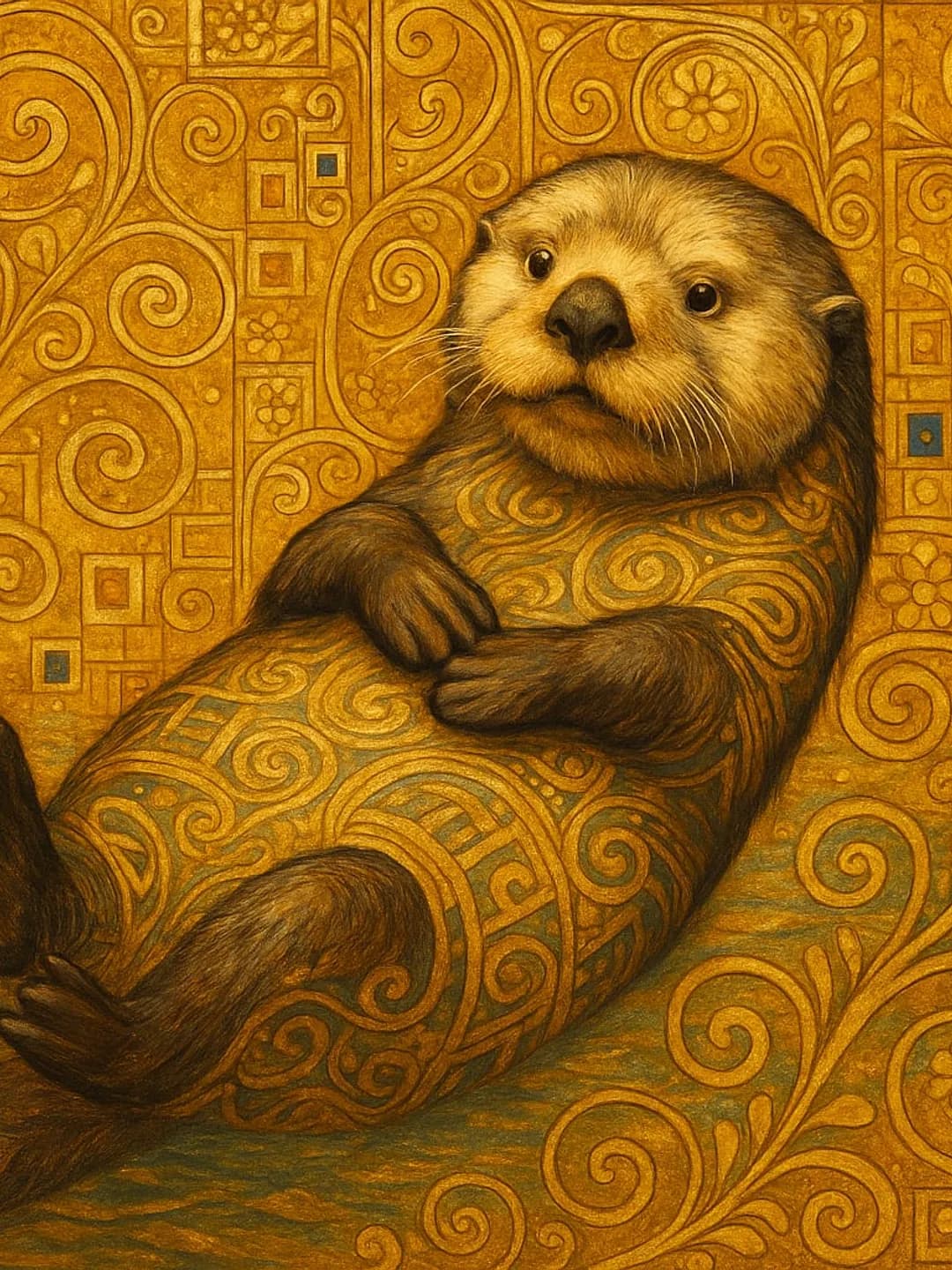 The same otter painted on a Klimt gold ground, its fur worked into spirals and tilework.