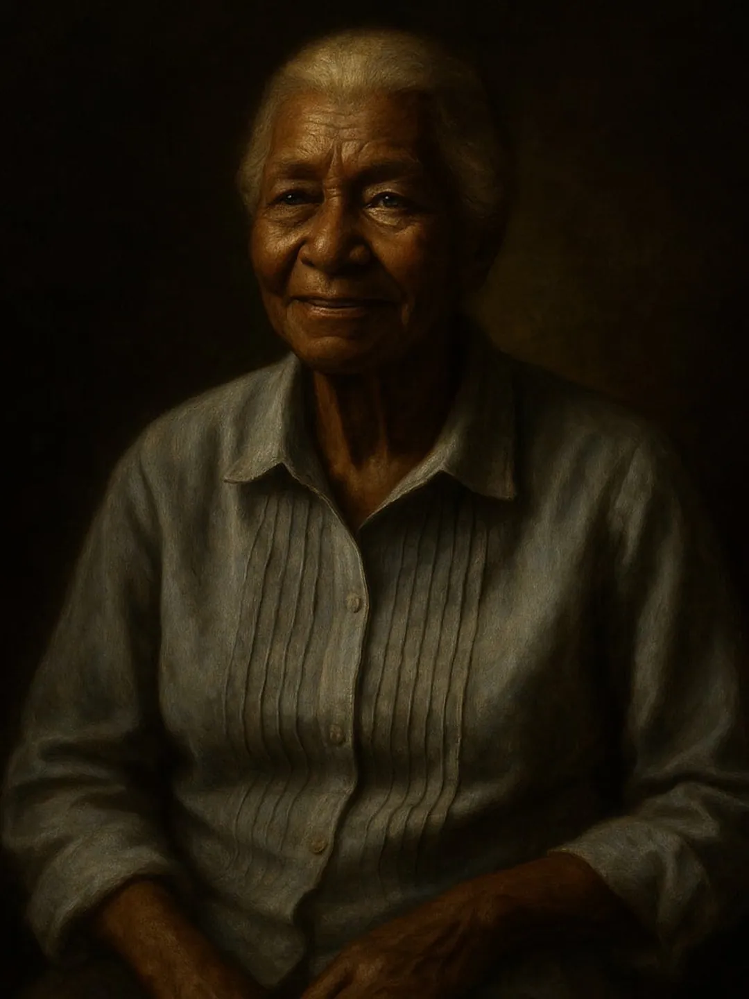 The same portrait painted in Rembrandt’s light, out of the dark.