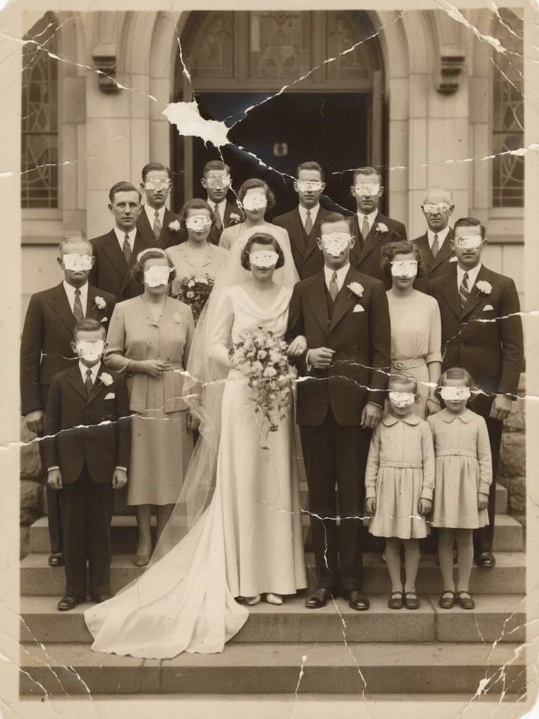 A cracked and torn wedding-party photograph, faces lost to damage.