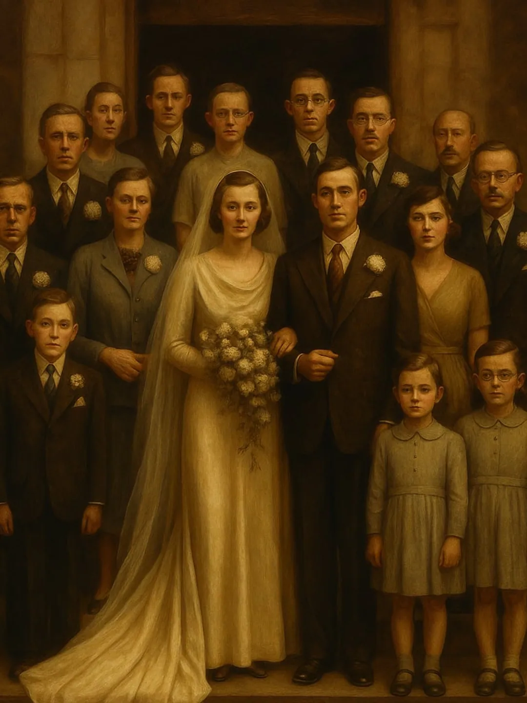 The same wedding party restored and repainted, every face returned.