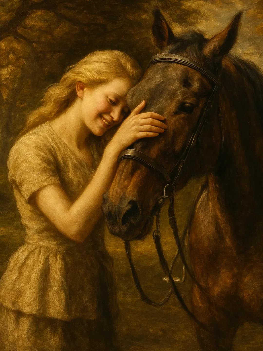 The same pair painted in the Gainsborough tradition, warm and pastoral, under English oaks.