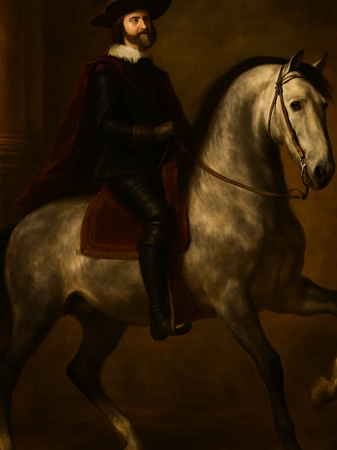 The same grey horse in the Spanish court manner, ridden in cloak and wide hat, after Velázquez.