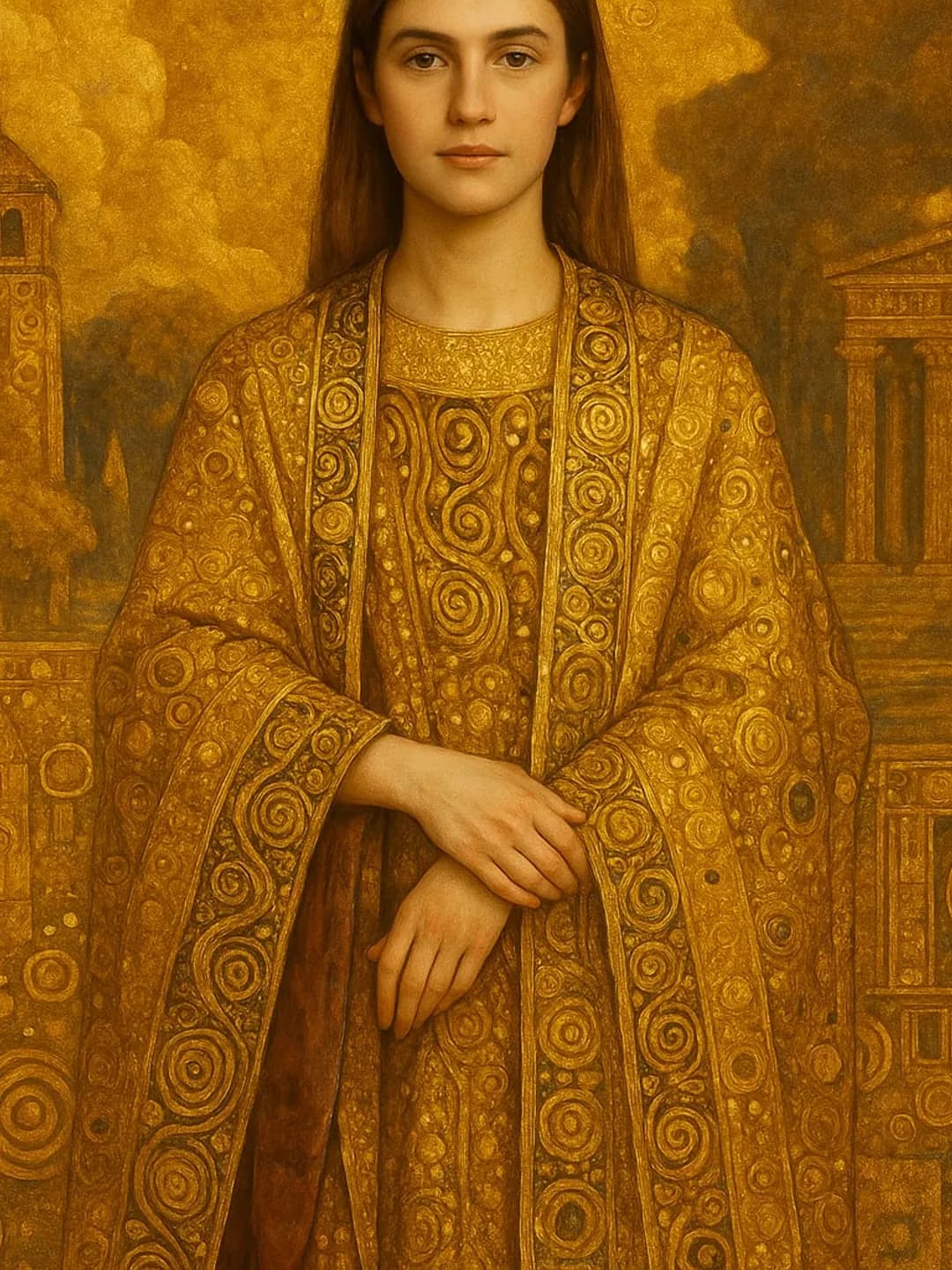 The same woman as a gold-ground icon, crowned, in Klimt’s ornament.