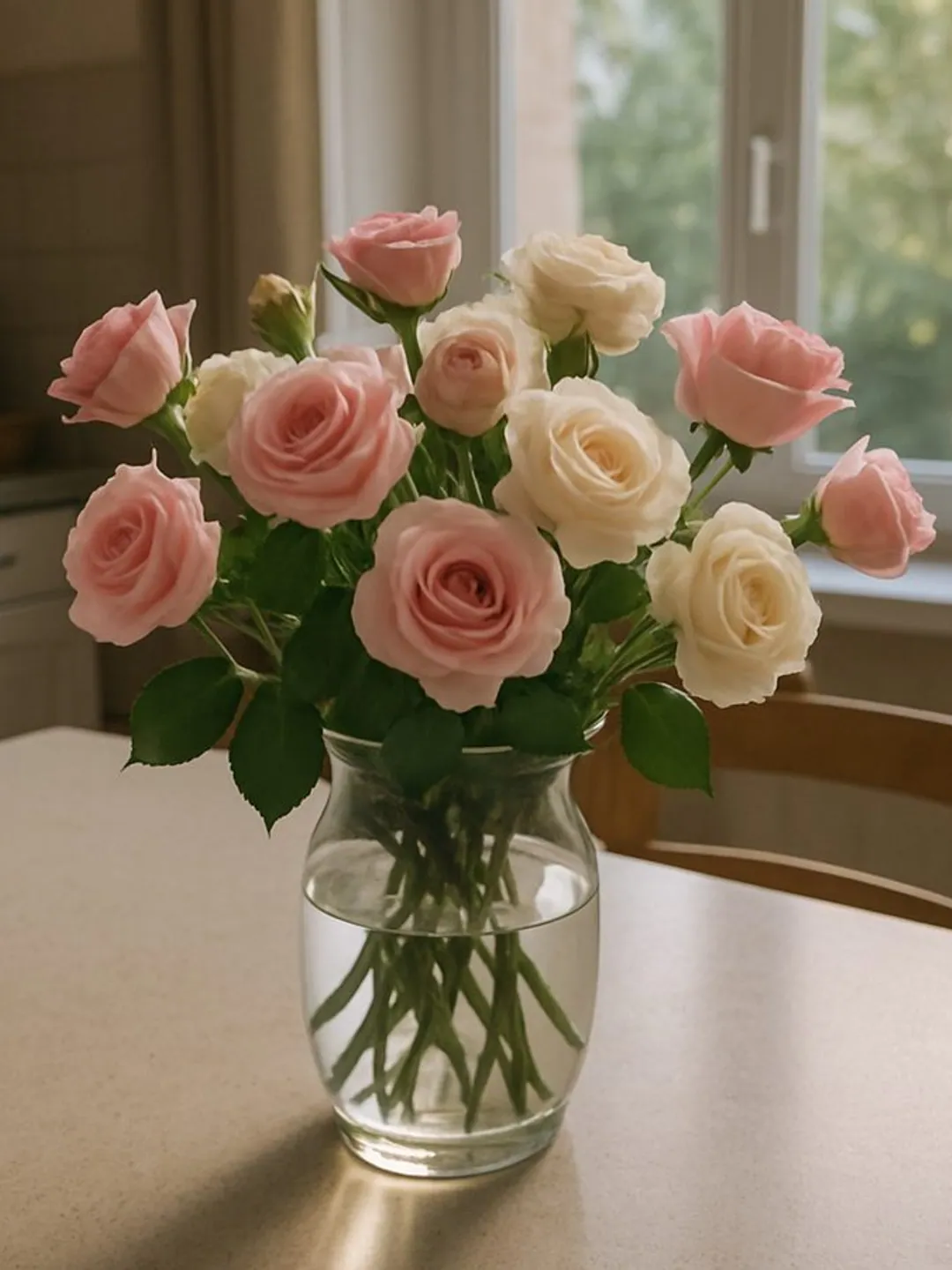 A photograph of pink and cream roses in a glass vase on a kitchen table, window light behind them.