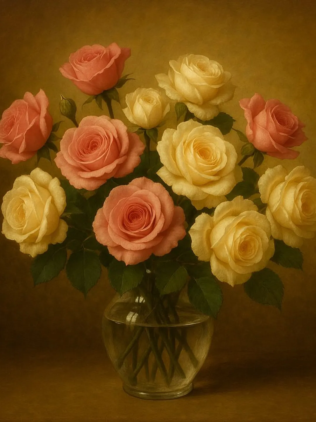 The same roses painted as an old-master still life, warm against a dark ground.