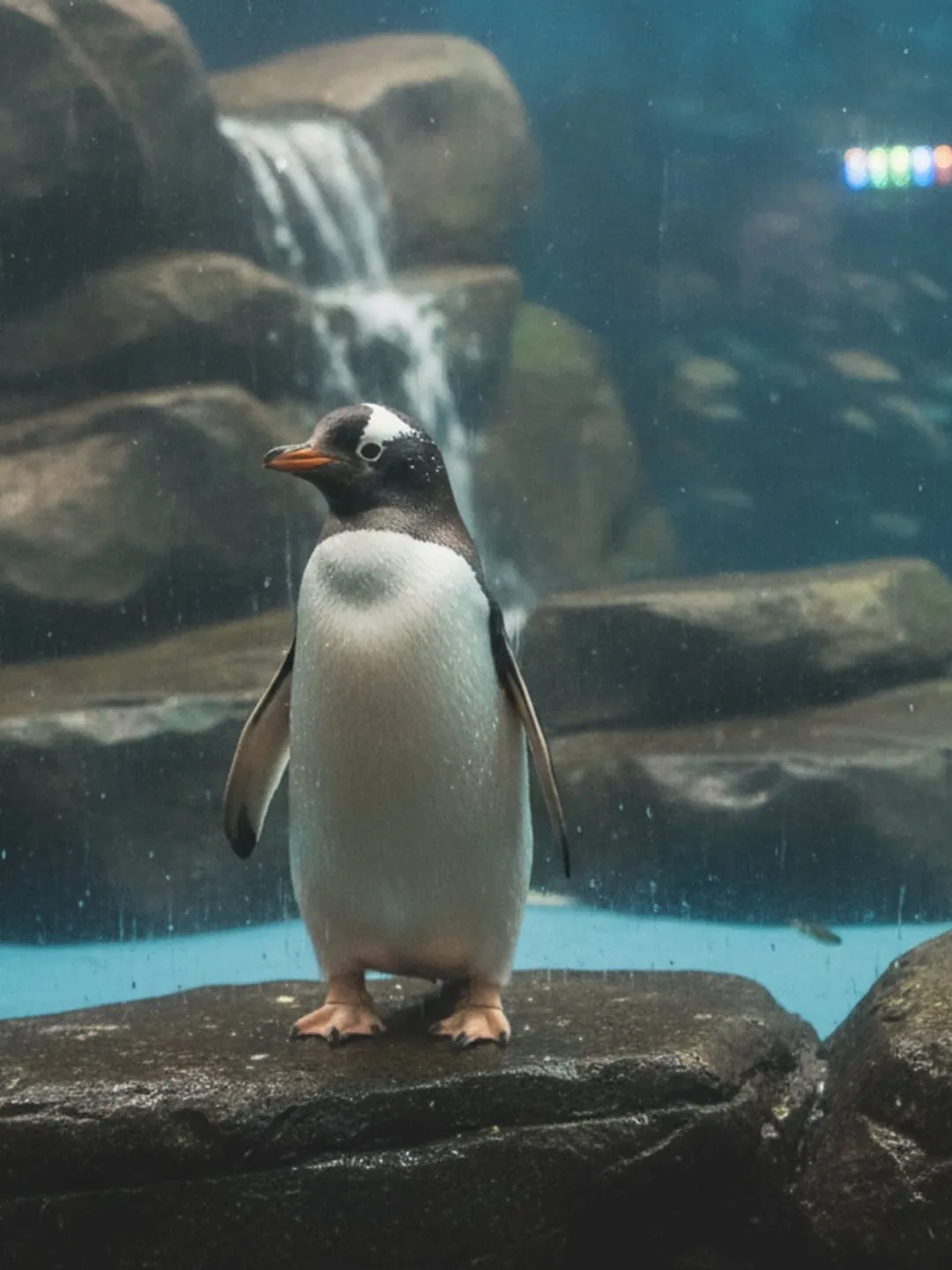 A photograph of a gentoo penguin standing on wet rock, aquarium water and a falling stream behind it.