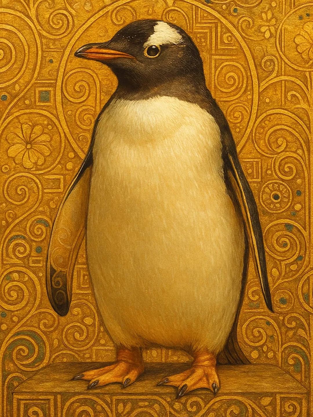 The same penguin painted on a Klimt gold ground, spirals and tilework filling the frame.