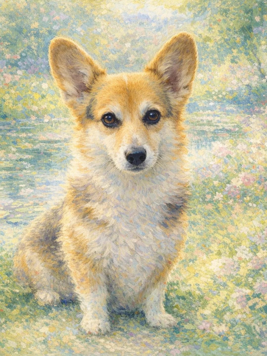 The same corgi painted in Monet’s broken colour, in a garden of light.