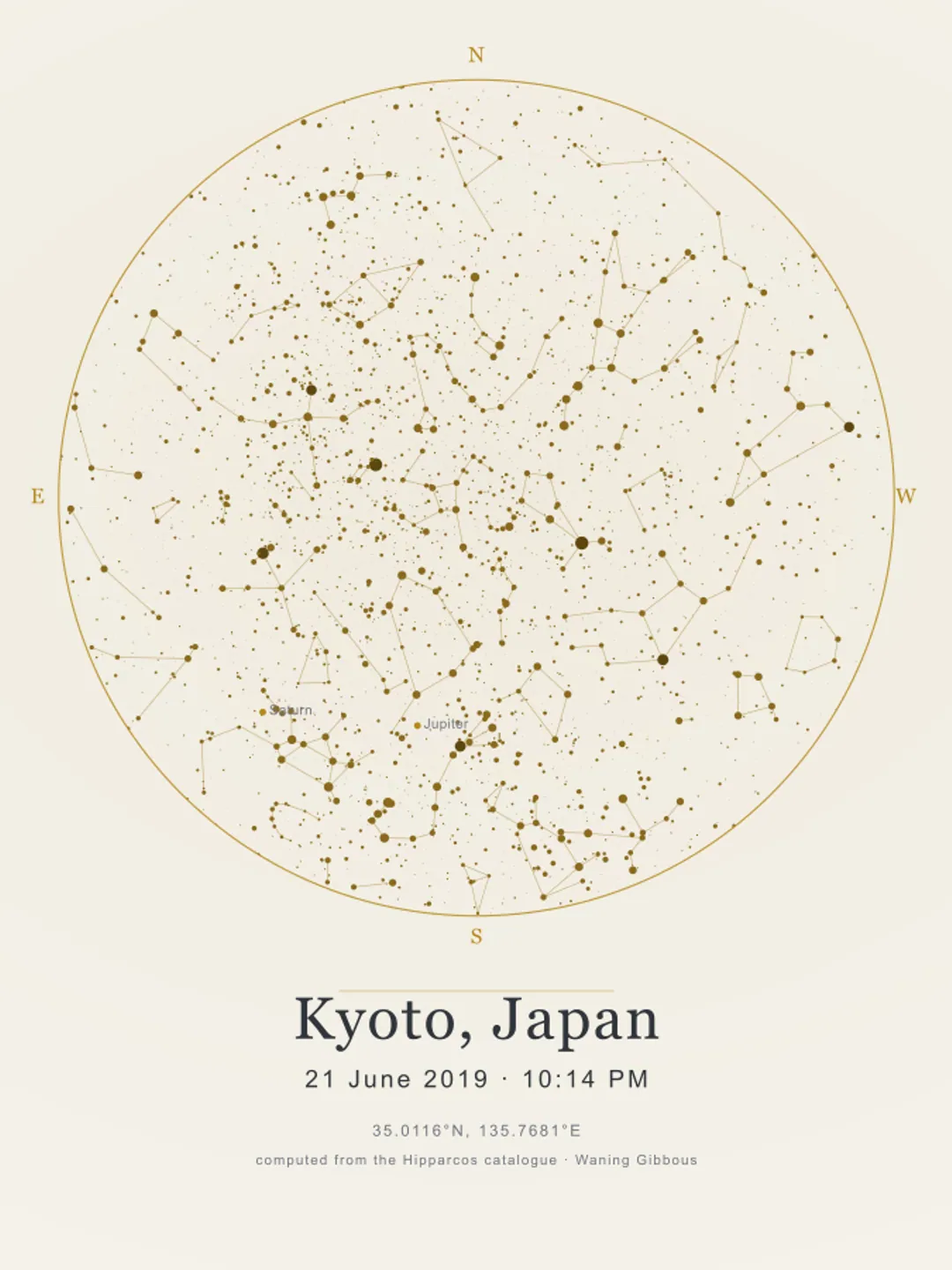 A star chart of the sky over Kyoto on 21 June 2019, brass constellations on parchment, captioned with the date and hour.