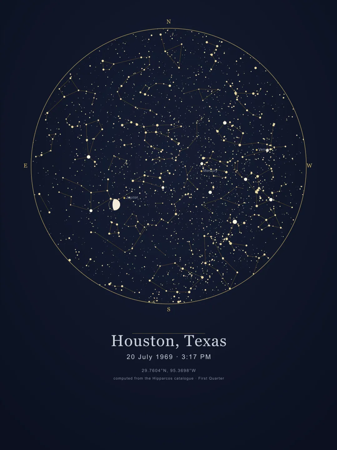 The same chart drawn for Houston, Texas on 20 July 1969 at 3:17 PM, with Jupiter, Venus and Mercury named.