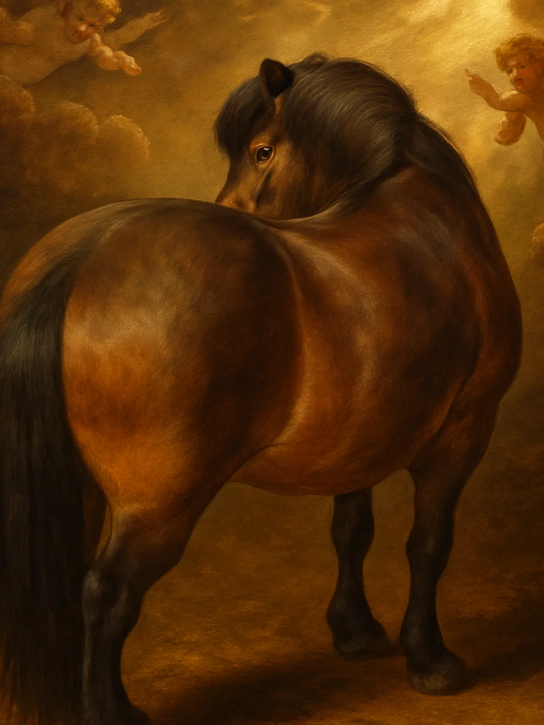 The same horse painted as a baroque ceiling, putti in the gold cloud behind it.