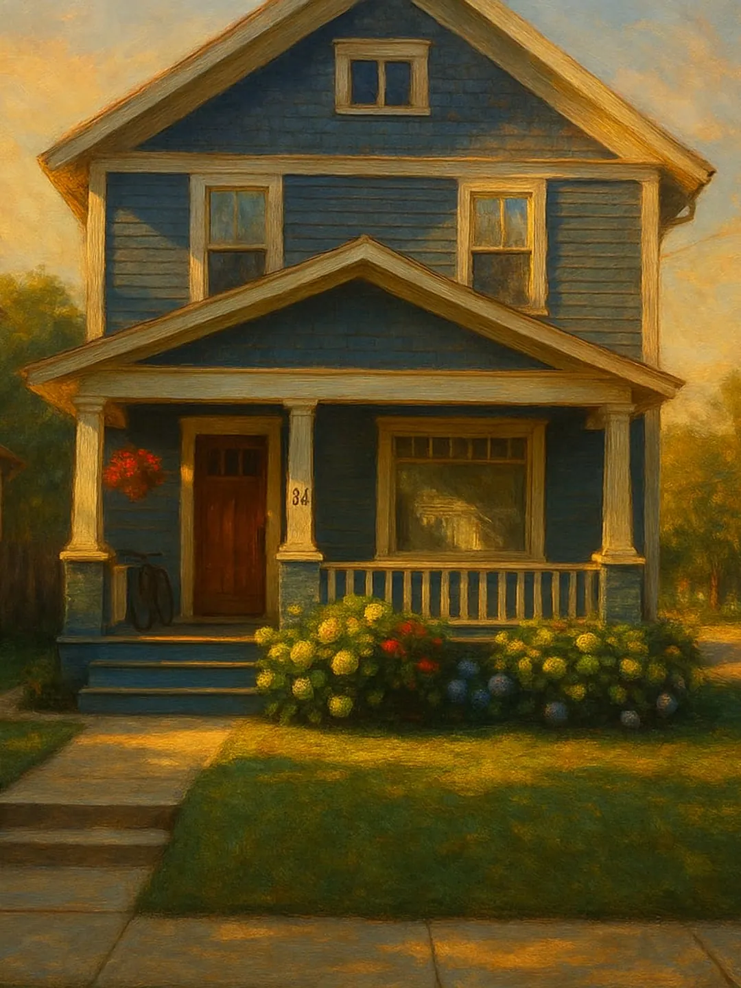 The same house painted by the Luminists, its windows lit at last light.