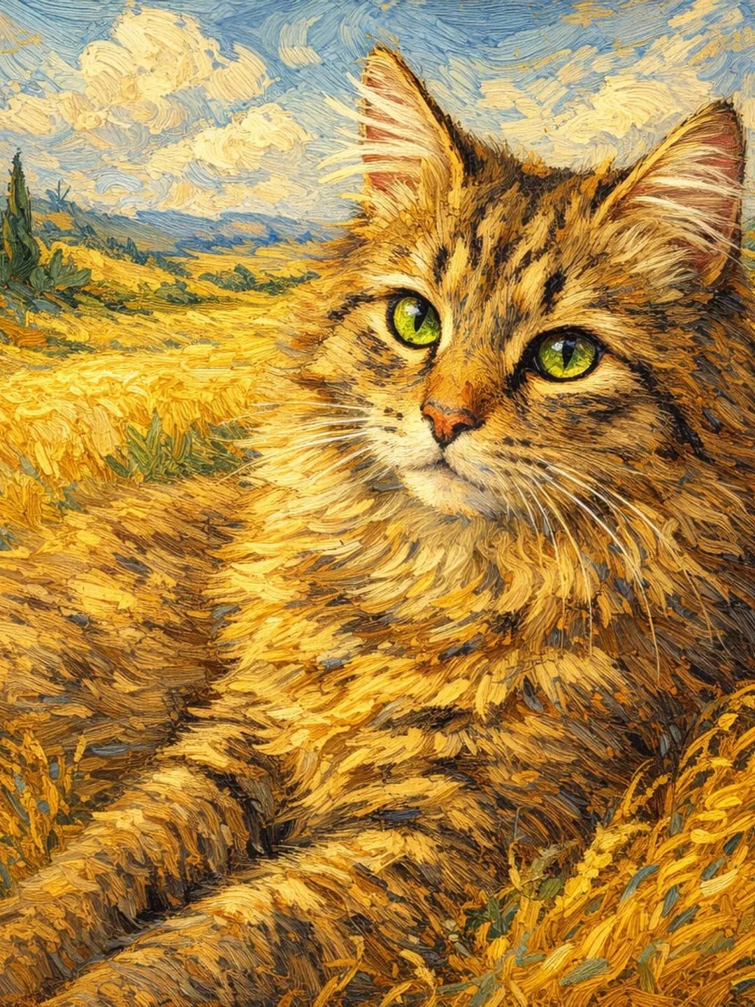 The same cat painted in Van Gogh’s hand, the wheatfield behind it moving in yellow.