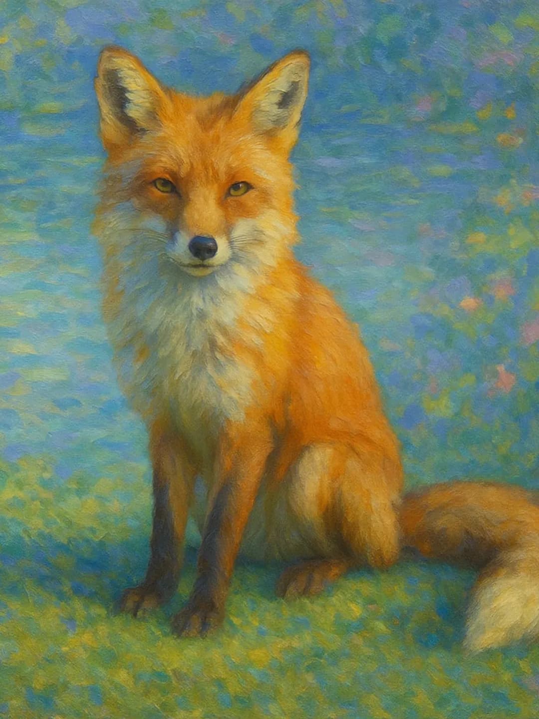 The same fox painted into Monet’s water garden, in blue and rust.