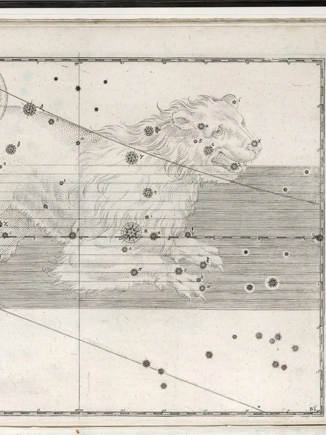 Bayer’s engraved plate of Leo: the lion drawn across the ecliptic, Regulus marked at his heart.