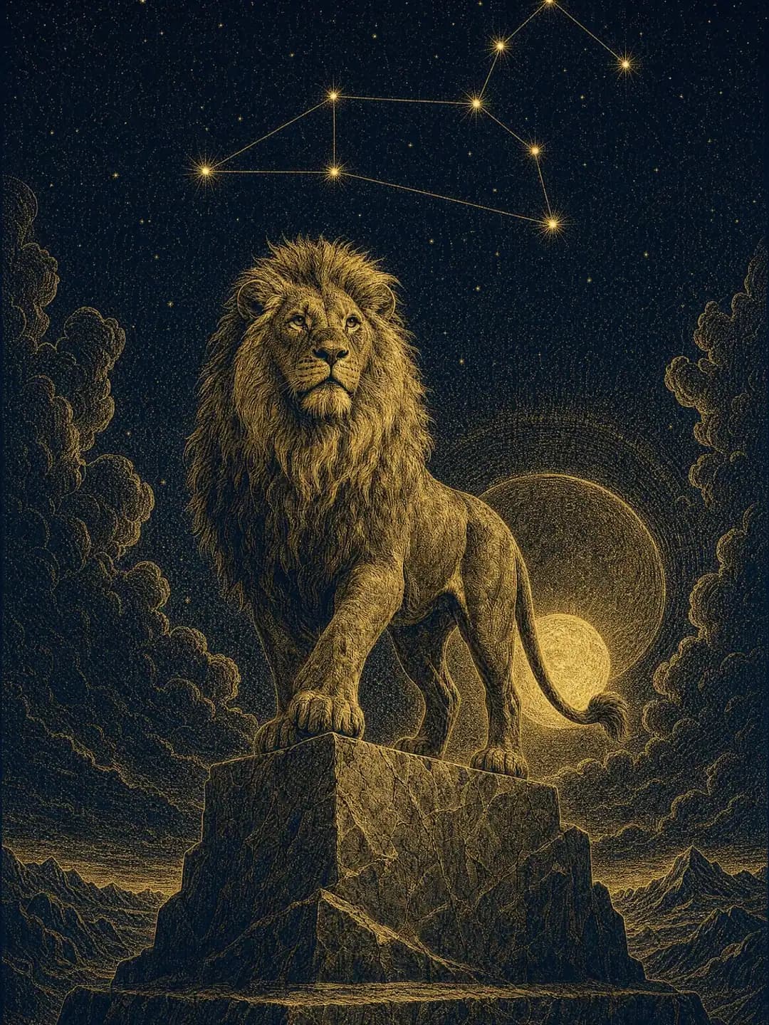 The same lion painted new in gold ink on a night ground, standing on a rock under his own constellation.