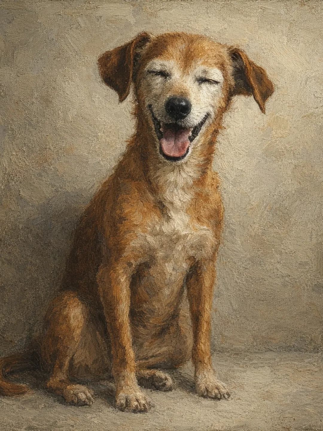 The same dog painted with Lucian Freud’s heavy impasto against a bare wall.