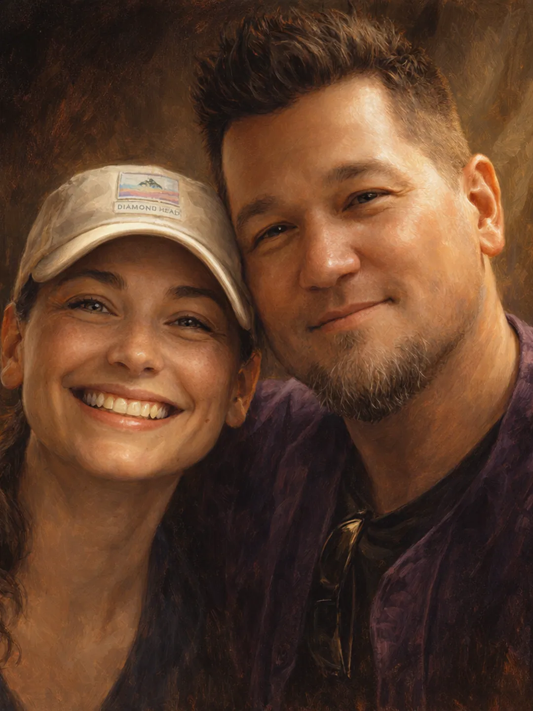 The same two faces painted as an Edwardian double portrait, cap and all.